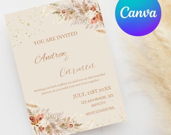 May include: A beige wedding invitation with floral and star accents. The text reads "You are invited" and names "Andrew & Carmen". The date and RSVP information are also included. The Canva logo is in the upper right corner.