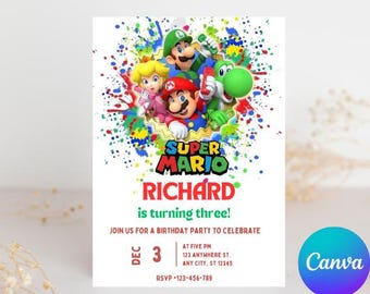 Invitación de cumpleaños de Super Mario: Plantilla editable para fiesta (descarga digital)