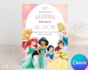 Princess Birthday Invitation: Gold & Pink, EDITABLE Canva Template (Digital Download