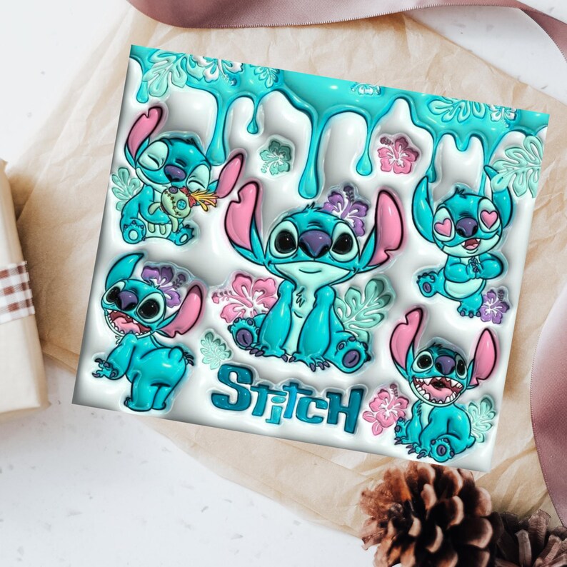 May include: A square white plaque featuring multiple illustrations of the blue alien character Stitch in various poses, accented by pink hibiscus flowers, green leaves, and a turquoise liquid drip effect at the top with the word Stitch in blue.