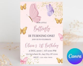 Lila Schmetterling-Geburtstagseinladung, Girl Party, bearbeitbare Canva-Vorlage