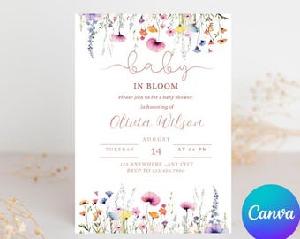 Wildflower Baby Shower Invitation: Editable Pink Spring Flowers (Canva Template)