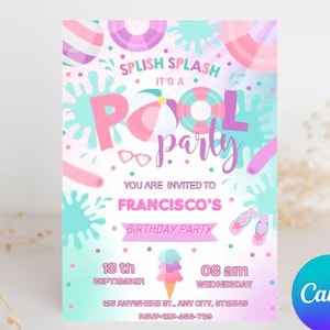 Neon Pool Party Invitation: Tropical Tie-Dye, Editable Canva Template (Digital Download