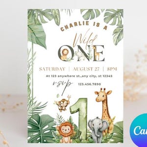 May include: A white invitation card with a jungle theme. The text "Charlie is a Wild One" is at the top. The card includes illustrations of a lion, elephant, giraffe, and monkey. The date and time are also included.