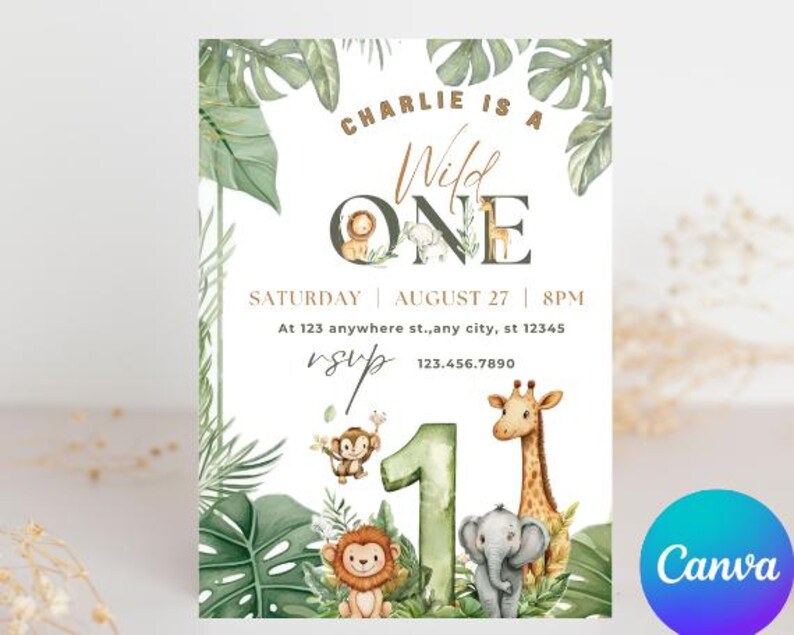 May include: A white invitation card with a jungle theme. The text "Charlie is a Wild One" is at the top. The card includes illustrations of a lion, elephant, giraffe, and monkey. The date and time are also included.