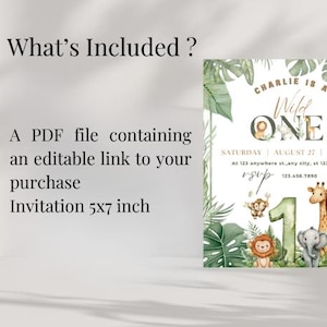 May include: A Wild One birthday invitation with jungle animal illustrations. The invitation includes a giraffe, elephant, lion, and monkey. The text reads "Charlie is a Wild One" and includes the date, time, and RSVP information. The invitation is 5x7 inches.
