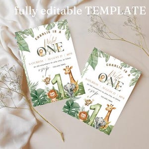 May include: Two invitations with a jungle theme. The text reads "Charlie is a Wild One" with illustrations of a lion, giraffe, elephant, and monkey. The invitations are decorated with green leaves and the number "1".