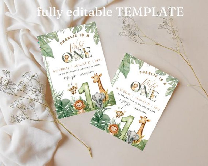 May include: Two invitations with a jungle theme. The text reads "Charlie is a Wild One" with illustrations of a lion, giraffe, elephant, and monkey. The invitations are decorated with green leaves and the number "1".