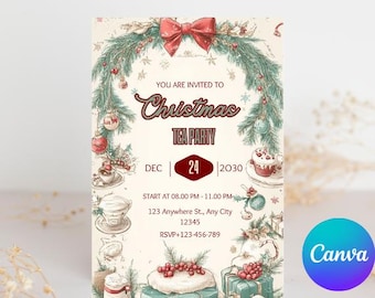 May include: Christmas Tea Party invitation with a festive design. The invitation features a red bow, evergreen garland, and illustrations of teacups, ornaments, and gifts. The text includes the date, time, and location of the party.