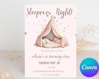 Sleepover Birthday Invitation Set: Minimalist Slumber Party, Glamping Tent (Digital Download, Editable Canva Template)