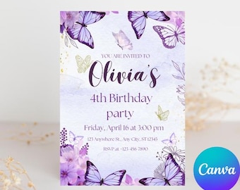 Purple Butterfly Birthday Invitation: Editable Template (Digital Download