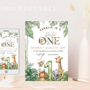 May include: A digital invitation with the text "Charlie is a Wild One" and event details. The design features jungle animals, green foliage, and the number one. A smartphone displays the same invitation.