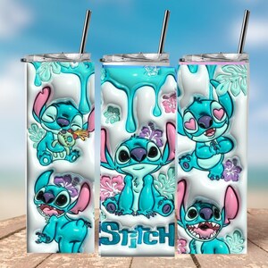 May include: A cylindrical stainless steel tumbler with a lid and metal straw, featuring a white background with turquoise paint drip effects, tropical hibiscus flowers, and multiple illustrations of the blue character Stitch.
