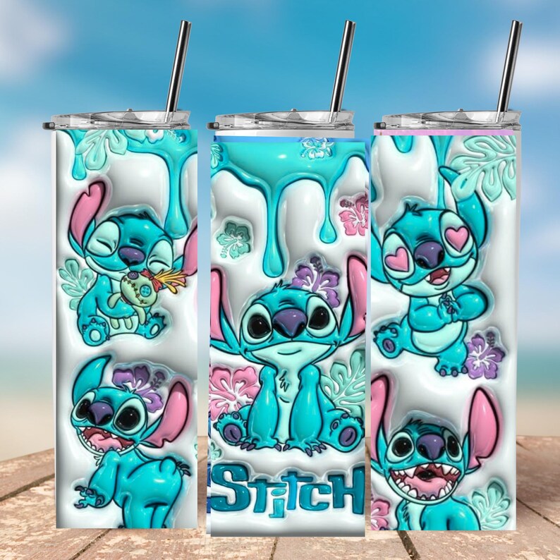 May include: A cylindrical stainless steel tumbler with a lid and metal straw, featuring a white background with turquoise paint drip effects, tropical hibiscus flowers, and multiple illustrations of the blue character Stitch.