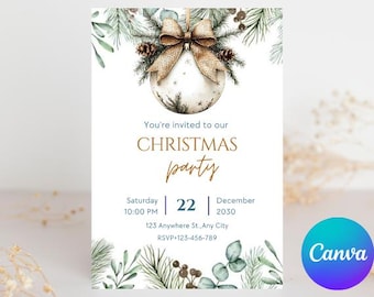May include: A Christmas party invitation with a white background, featuring a decorative ornament with a brown bow and pinecones. The text reads "You're invited to our CHRISTMAS party" with event details.