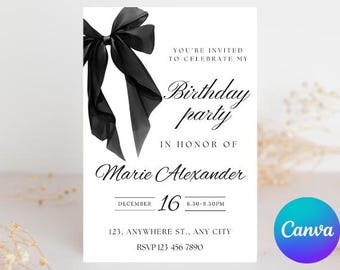 Black Bow Birthday Invitation, Minimalist Coquette Invite (Canva Editable)