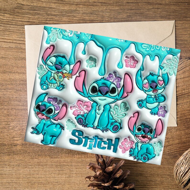 May include: A rectangular greeting card featuring multiple illustrations of the blue alien character Stitch in various poses, accented by pink hibiscus flowers, green leaves, and a turquoise liquid drip effect at the top with the text Stitch.