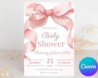 Blush Pink Bow Baby Shower Invitation, Elegant Watercolor (Canva)