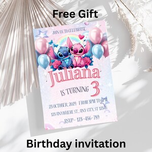 May include: A rectangular birthday invitation card featuring a blue and pink cartoon character illustration, a rainbow, balloons, and flowers. The text reads: JOIN US TO CELEBRATE, Juliana IS TURNING 3, 23 OCTOBER, 2029. FROM 3PM TO 6PM, 123 ANYWHERE ST., ANY CITY, ST 12345, RSVP-123-456-789.