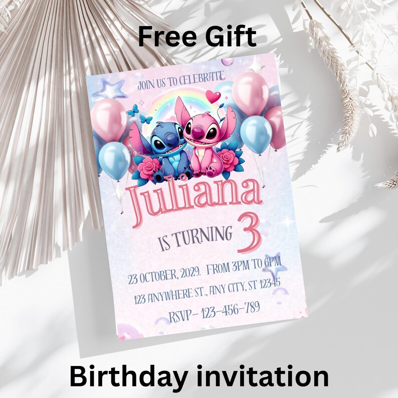 May include: A rectangular birthday invitation card featuring a blue and pink cartoon character illustration, a rainbow, balloons, and flowers. The text reads: JOIN US TO CELEBRATE, Juliana IS TURNING 3, 23 OCTOBER, 2029. FROM 3PM TO 6PM, 123 ANYWHERE ST., ANY CITY, ST 12345, RSVP-123-456-789.
