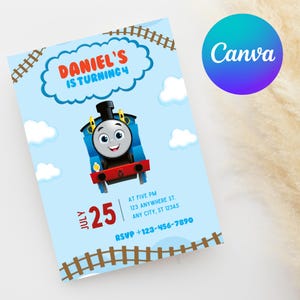 May include: A light blue birthday invitation featuring a cartoon train. The invitation reads "DANIEL'S IS TURNING 4" and includes the date "JULY 25". Additional text includes RSVP information and an address.
