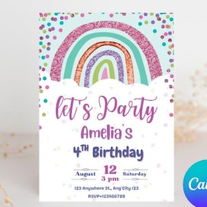 Plantilla de invitación de cumpleaños con brillo arcoíris: invitación electrónica editable de Canva