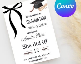 Black Bow Graduation Party Invitation, Minimalist Template (Digital Download)