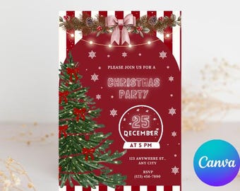 Puede incluir: Una invitación a una fiesta de Navidad con fondo rojo y rayas blancas. La invitación presenta un árbol de Navidad, copos de nieve y el texto "PLEASE JOIN US FOR A CHRISTMAS PARTY" y "25 DECEMBER AT 5 PM". Un lazo rosa y ramas de pino adornan la parte superior.