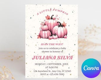Little Pumpkin Baby Shower Invitation Template: Pink Bow, Fall Theme (Canva Editable, Digital Download