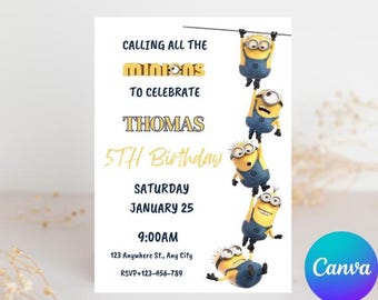 Plantilla editable de invitación de cumpleaños de Minions: Canva DIY (12,7 x 18,8 cm, descarga PDF)