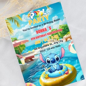 Lilo & Stitch Birthday Pool Party Invitation: Editable Canva Template (Digital Download