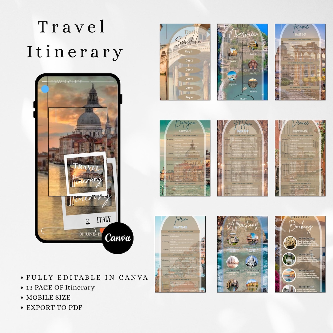 Editable Travel Itinerary Template: Canva Trip Planner (digital ...