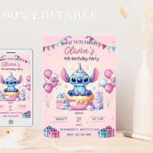 Puede incluir: Una invitación rosa para una fiesta de cumpleaños con un personaje de dibujos animados azul, globos, cupcakes y regalos. La invitación dice "Únete a nosotros para celebrar el 4º cumpleaños de Olivia" con detalles de fecha y hora. El texto "100% EDITABLE" está arriba.