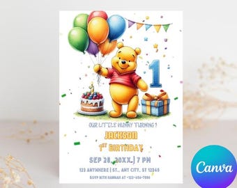 Winnie the Pooh 1st Birthday Invitation: Classic Pooh Party (Editable Canva Template)