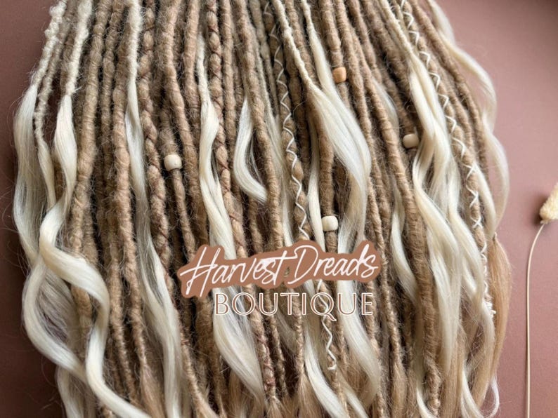 a close-up view of a collection of braided and twisted hair strands, with the text "Harvest Dreads Boutique" prominently displayed in the center.