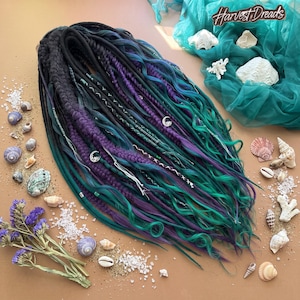 Gothic Witchy Braids Curls, Black Emerald Purple Wool Dreads Full Set