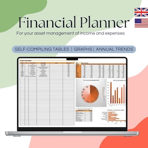Può includere: Un laptop che mostra un'interfaccia di pianificatore finanziario. Lo schermo mostra tabelle auto-compilanti, grafici e andamenti annuali. Il testo "Financial Planner" è in alto, con il tagline "For your asset management of income and expenses."