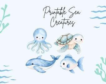 Watercolor Sea Creatures PNG Bundle, Ocean Animals Clipart, Whale Turtle Octopus Fish, Under the Sea Baby Shower Digital Download