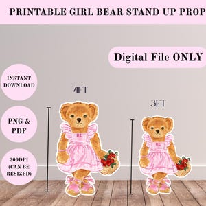 Pode incluir: Adereço de pé de urso menina imprimível. A imagem mostra dois recortes de ursos, um com 122 cm e outro com 91 cm. Os ursos usam vestidos rosa e seguram cestas de cerejas. O texto "Digital File ONLY" é exibido.