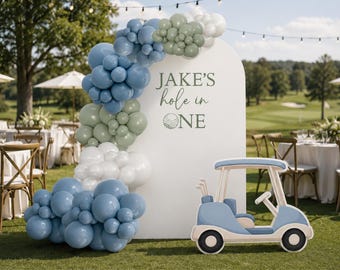Golf Theme Balloon Garland Kit | Hole In One Balloon Arch | Golf Birthday Party Decorations | Sage Green Blue White Balloons, First Birthday