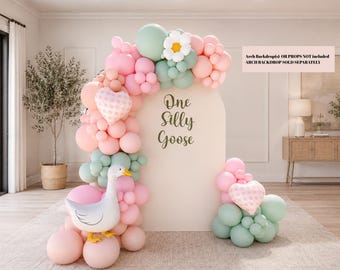 Silly Goose First Birthday Balloon Garland Kit | Pink Sage Cream Balloon Arch | “Emma is One” Goose Theme Party Decor | DIY Balloon Kit