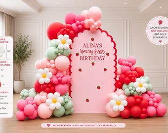 Berry First Birthday Balloon Garland Kit, Strawberry Birthday Balloons, Pink Balloon Arch Kit, Daisy Balloon Kit, First Birthday Party Decor