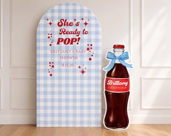 She’s Ready to Pop Backdrop Set | Personalized Baby Shower Arch & Soda Bottle Cutout | Blue Baby Shower Decor | Coroplast Party Backdrop