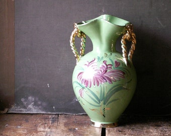 Vintage Italian Florentine Ceramic Vase - Green with Pink Flowers and Gold Braided Handles