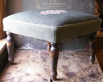 Vintage Diamond Shaped Green Floral Needlepoint Foot Stool - Granny Chic at It's Finest!