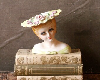 Vintage Porcelain ArtKaul Lady Head Vase - Red Head with Flowered Green Hat - Great Mother's Day Gift