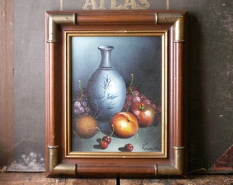 Vintage Framed Artistic Interiors Kitchen Still Life Painting - Fruit and Vase In Brass Accented Frame