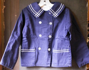 Vintage Kids Navy Blue Sailor Jacket with White Trim - Great Nautical Style