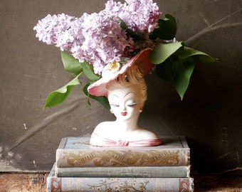 Vintage Porcelain ArtMark Lady Head Vase w/ Pink Floral Hat and Beautiful Open Work Hairstyle - Great Mom Gift