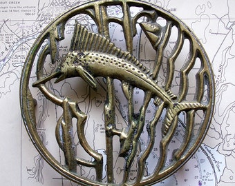 Vintage Glo-Mar Artworks Round Brass Trivet with Swordfish - Retro Nautical Kitchen Decor